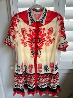 Islapayal Red, Navy  & Cream Floral Embroidered Shirt Dress - Designer